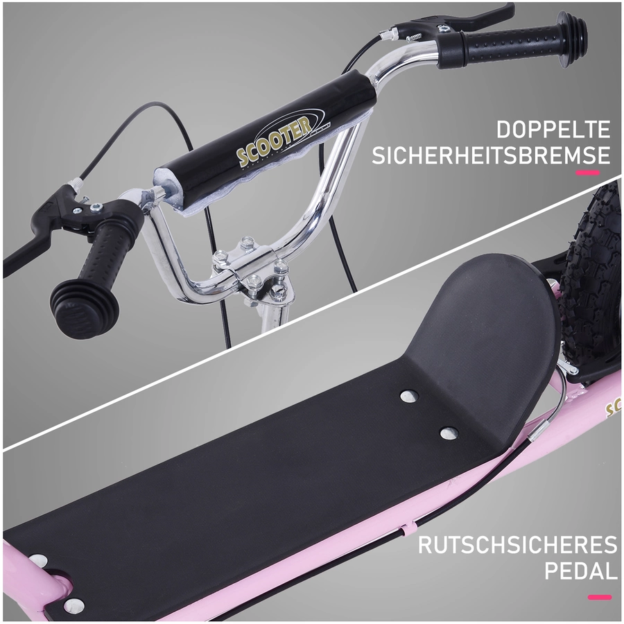 HOMCOM Kinderroller Mit Handbremse, extra dicker Luftbereifung, Höhenverstellbarer Lenker rosa