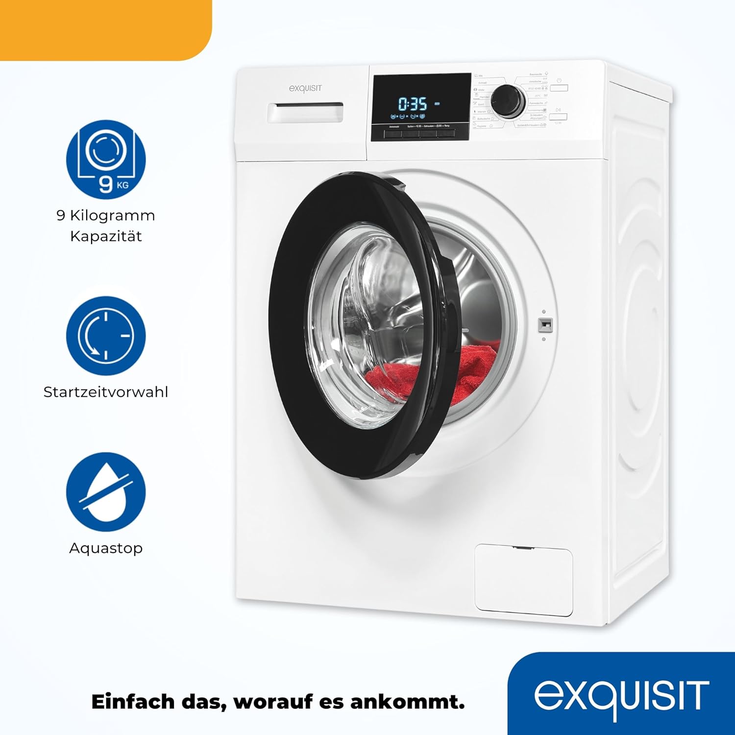 Exquisit Waschmaschine WA9214-340A weiss | 9 kg Fassungsvermögen | Energieeffizienzklasse A | 16 Waschprogramme | Kindersicherung | Startzeitvorwahl
