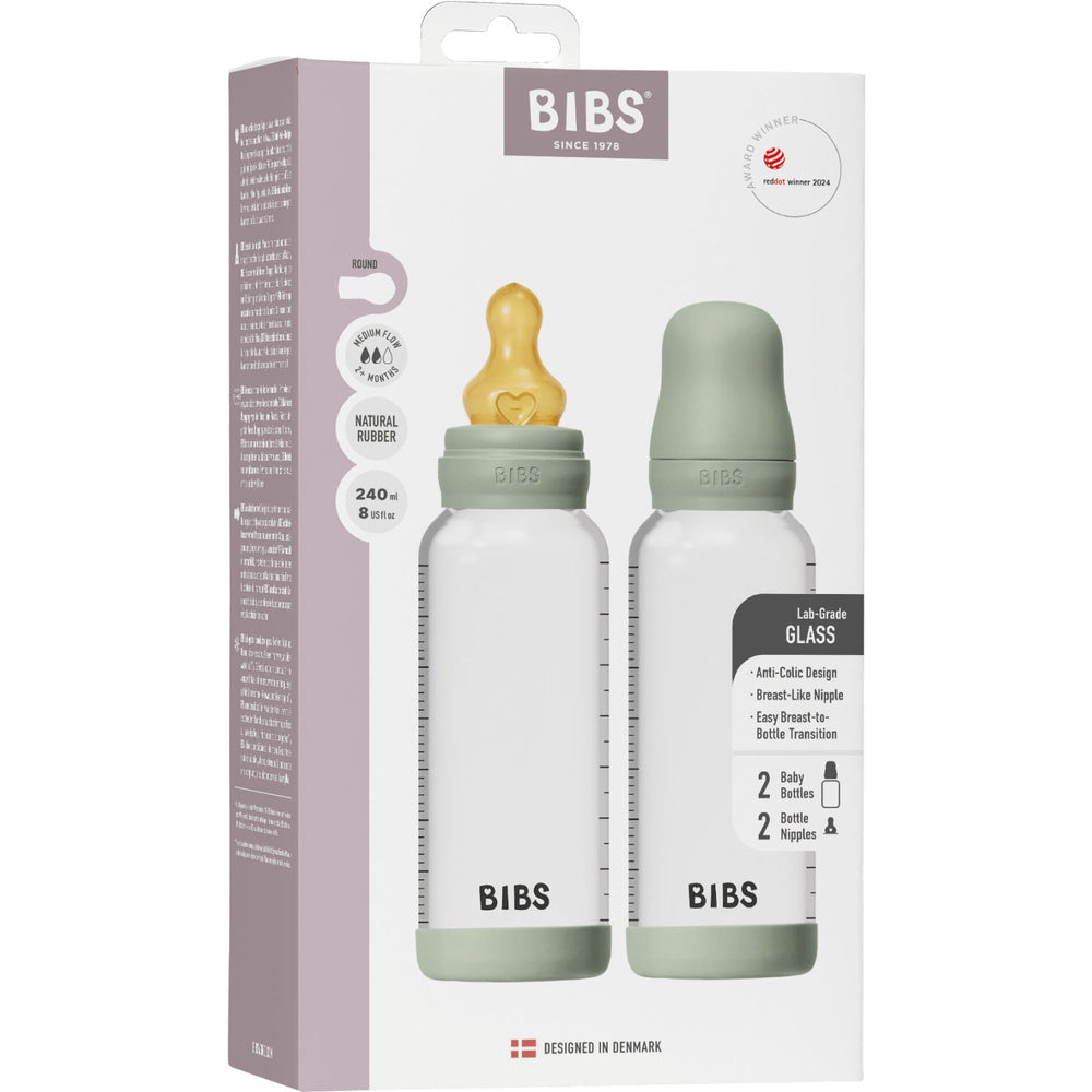 Køb Bibs Sage Glass Baby Flaske Round Latex 2-Pak 240 Ml Medium Flow