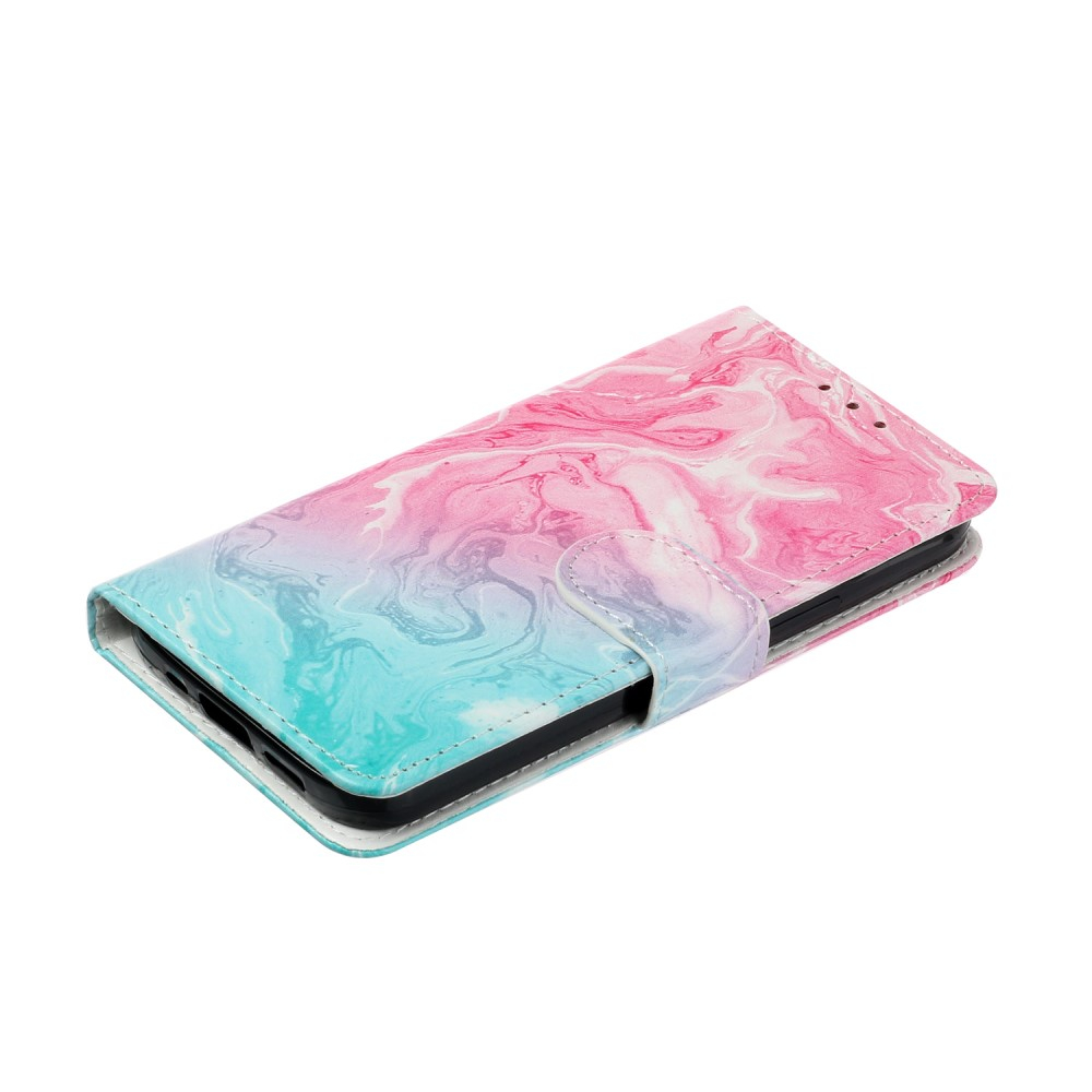 iPhone 13 Leder Tasche Flip Cover Marmor Marble - Rosa / Türkis