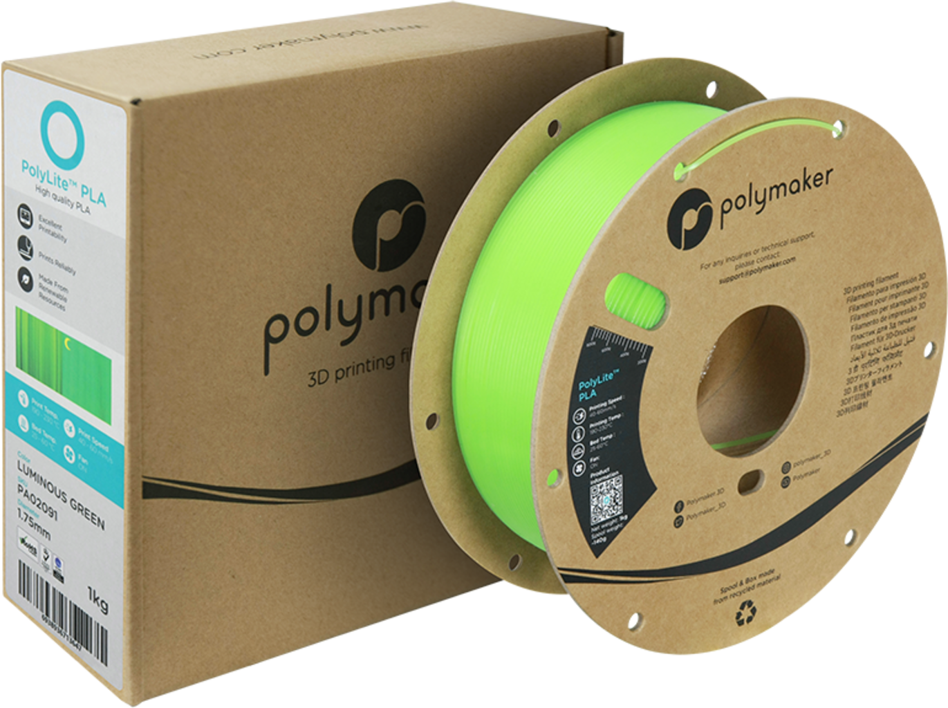 Polymaker  PolyLite Luminous PLA Green, 1,75 mm / 1000 g    Hochwertiges Glow in the Dark-PLA
