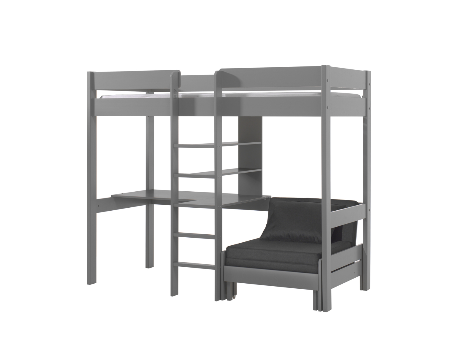 Hochbett PINO - grau - Kiefer massiv - Schreibplatte und Schlafsessel - 90x200 cm