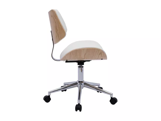 Chaise de bureau à roulettes design blanc, bois clair chêne et métal MALMO