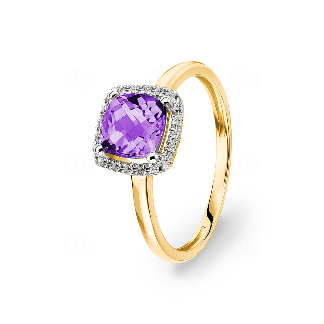 Damenring 750/18 K Gelbgold mit Amethyst Kissen und Diamanten 0.06 ct H/si