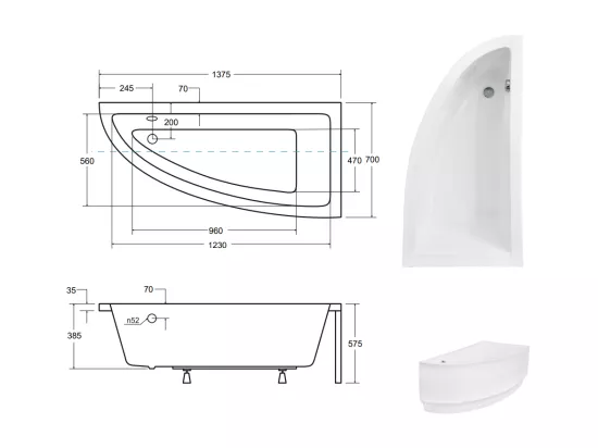 Baignoire d'angle ORIEGA 140 cm droite avec tablier