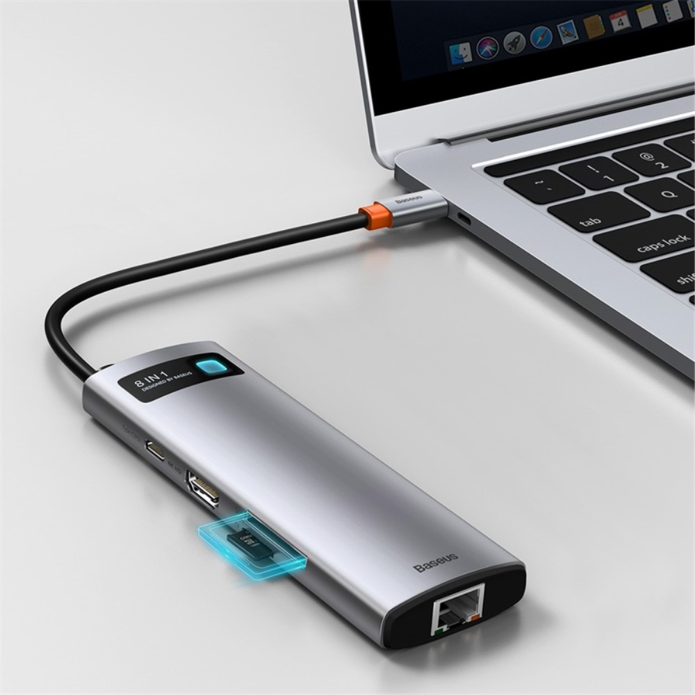 8in1 USB C Multiport Adapter mit USB C (PD) / 4K HDMI @30Hz / 3x USB 3.0 / SD / Micro-SD / RJ45 Port - Grau