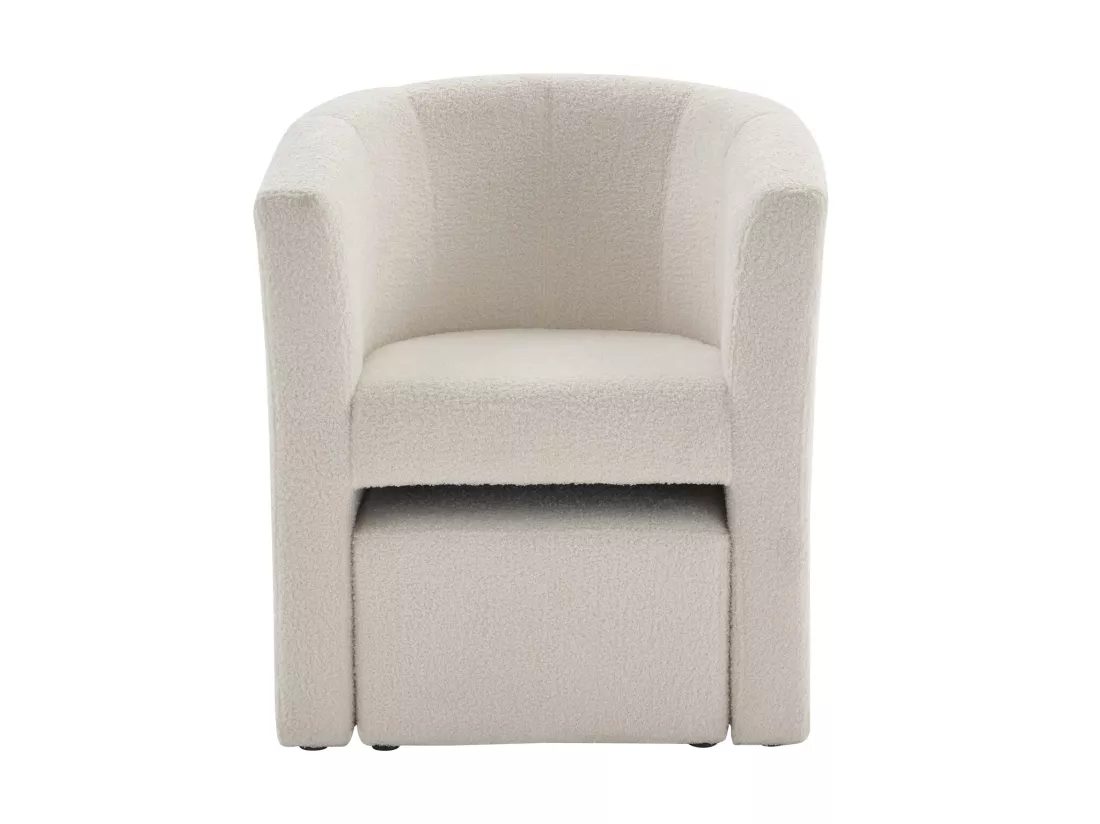 Fauteuil cabriolet et pouf en tissu bouclette blanc JOVANA