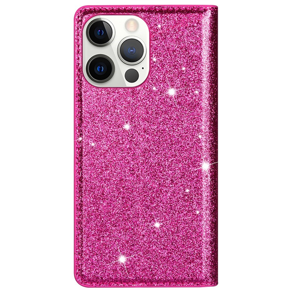 iPhone 14 Pro Max Flip Wallet Cover Leder Tasche Glitzer Optik - Pink