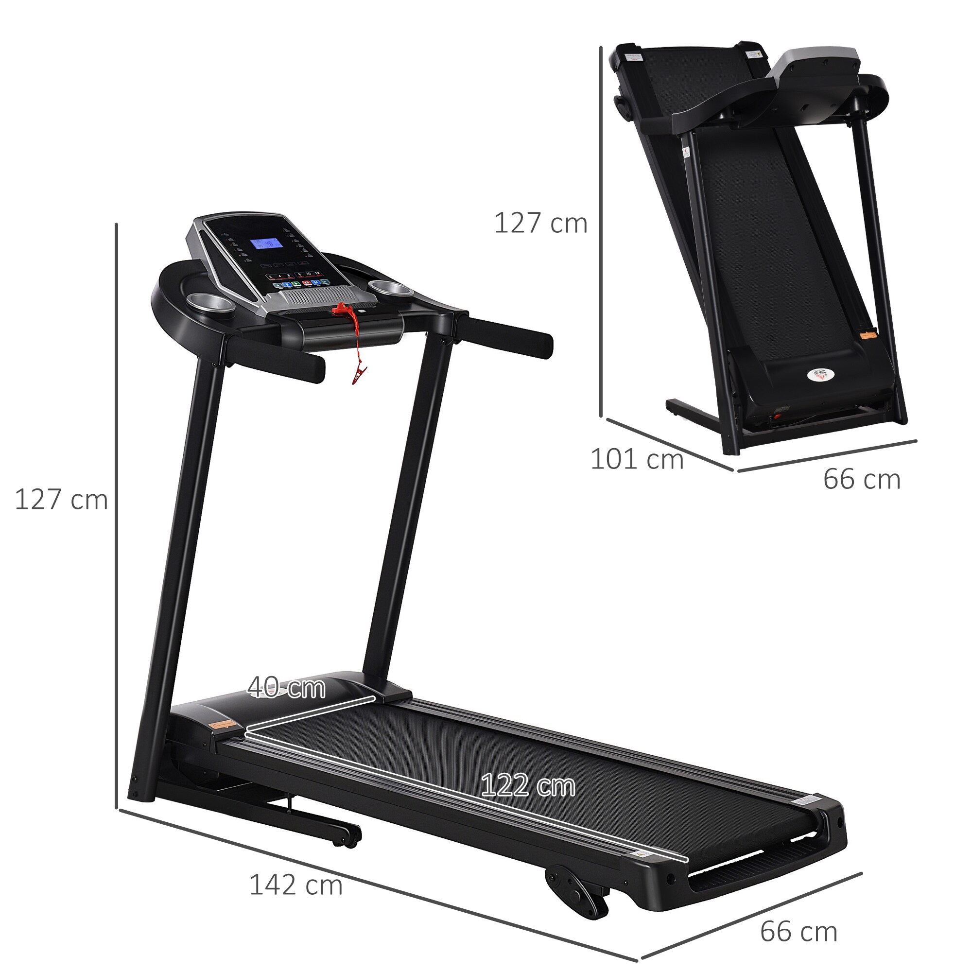 HOMCOM Laufband Ideales Training, Getränkehalter, Handyhalter Schwarz, Grau 142 x 66 x 127 cm (LxHxB)