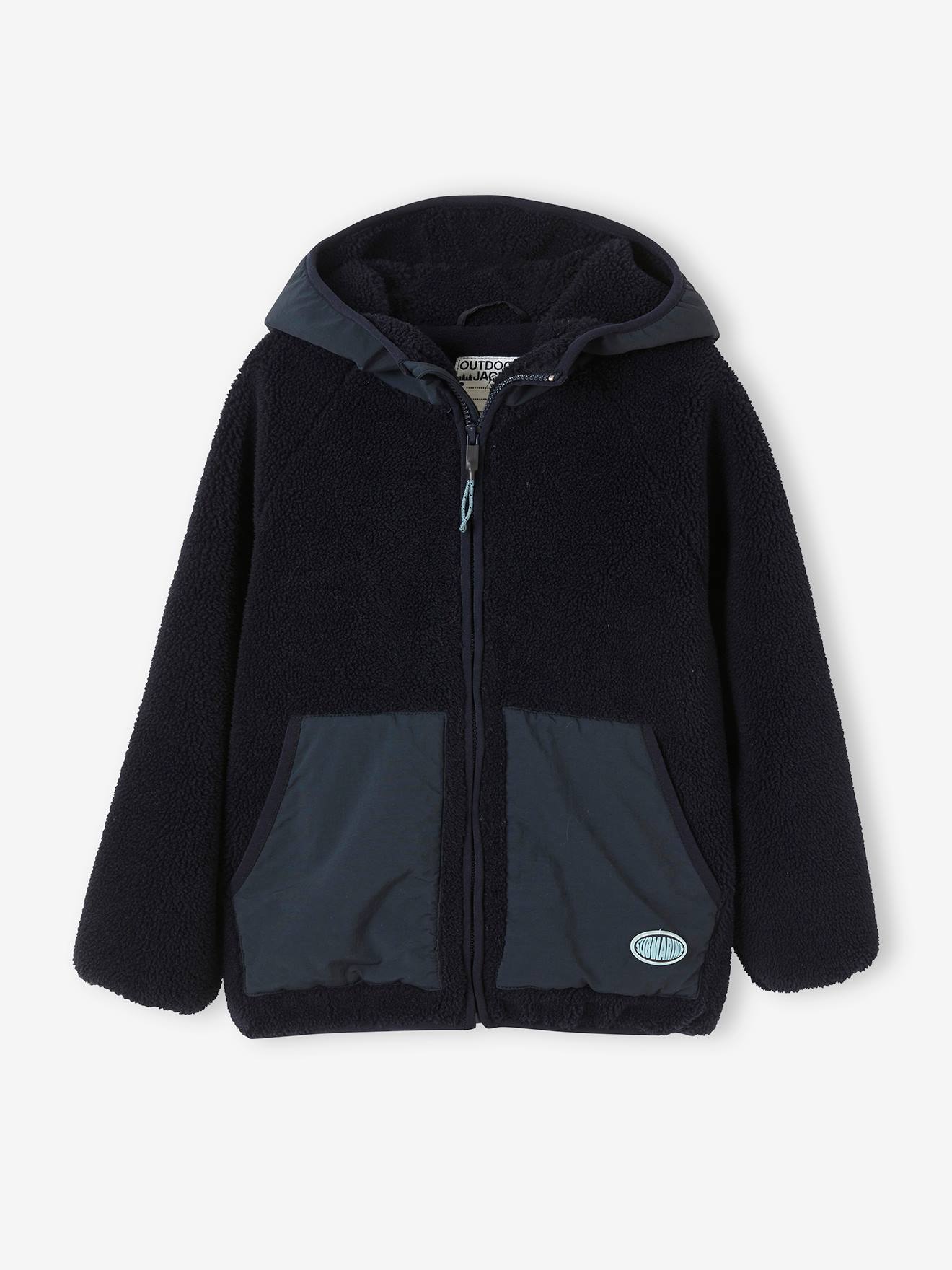 Jaqueta com capuz e zíper em sherpa para meninos, azul médio liso com estampas.