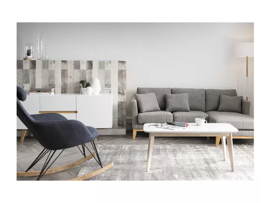 Canapé d'angle droit déhoussable scandinave 4 places en tissu gris clair et bois clair OSLO