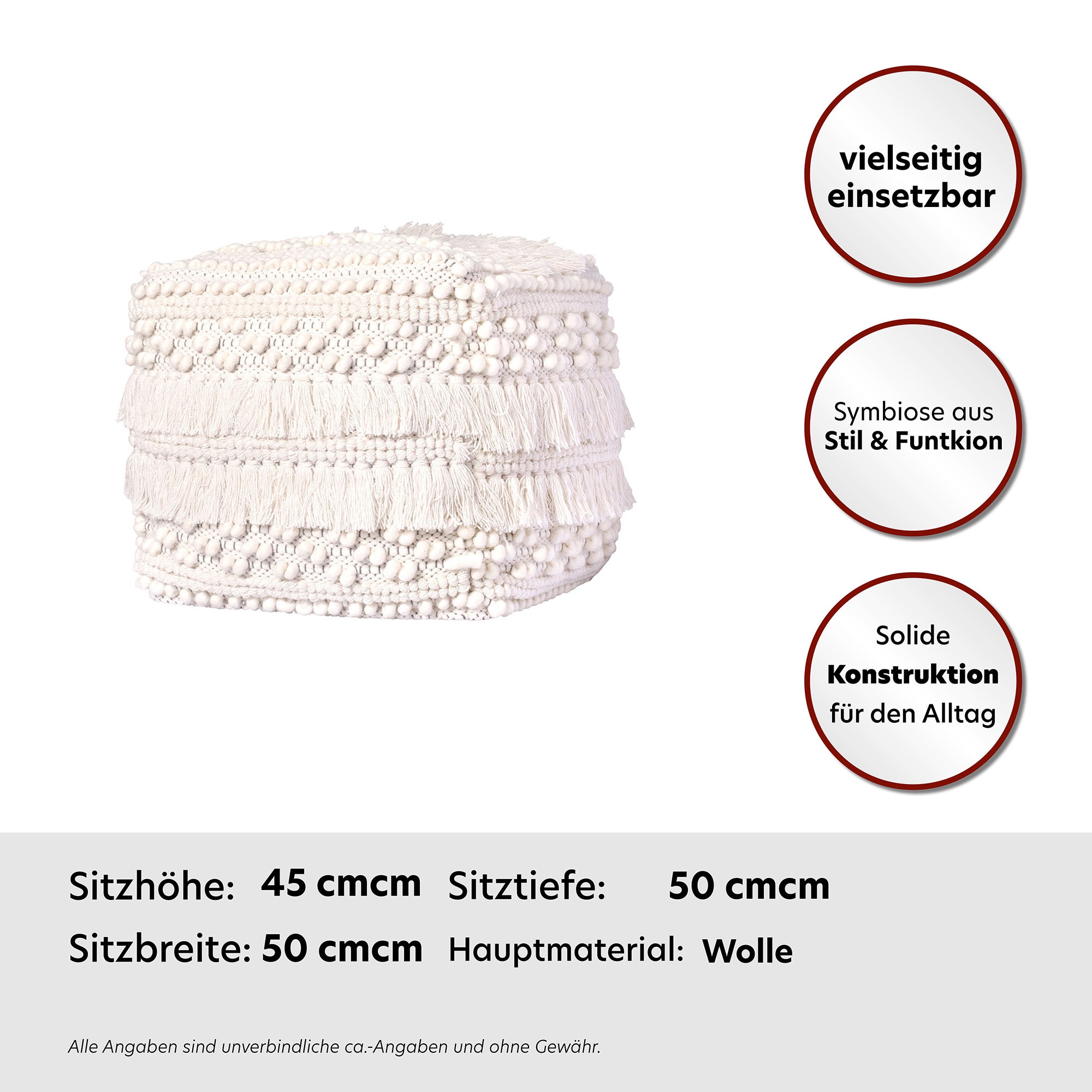 Kayoom Pouf »Bohist 325 50cm x 50cm,   Strukturen mit Fransen und Quasten« 1 Stk. tlg. handgefertigt, Unikat, sehr gut kombinierbar, vielfältig im Einsatz