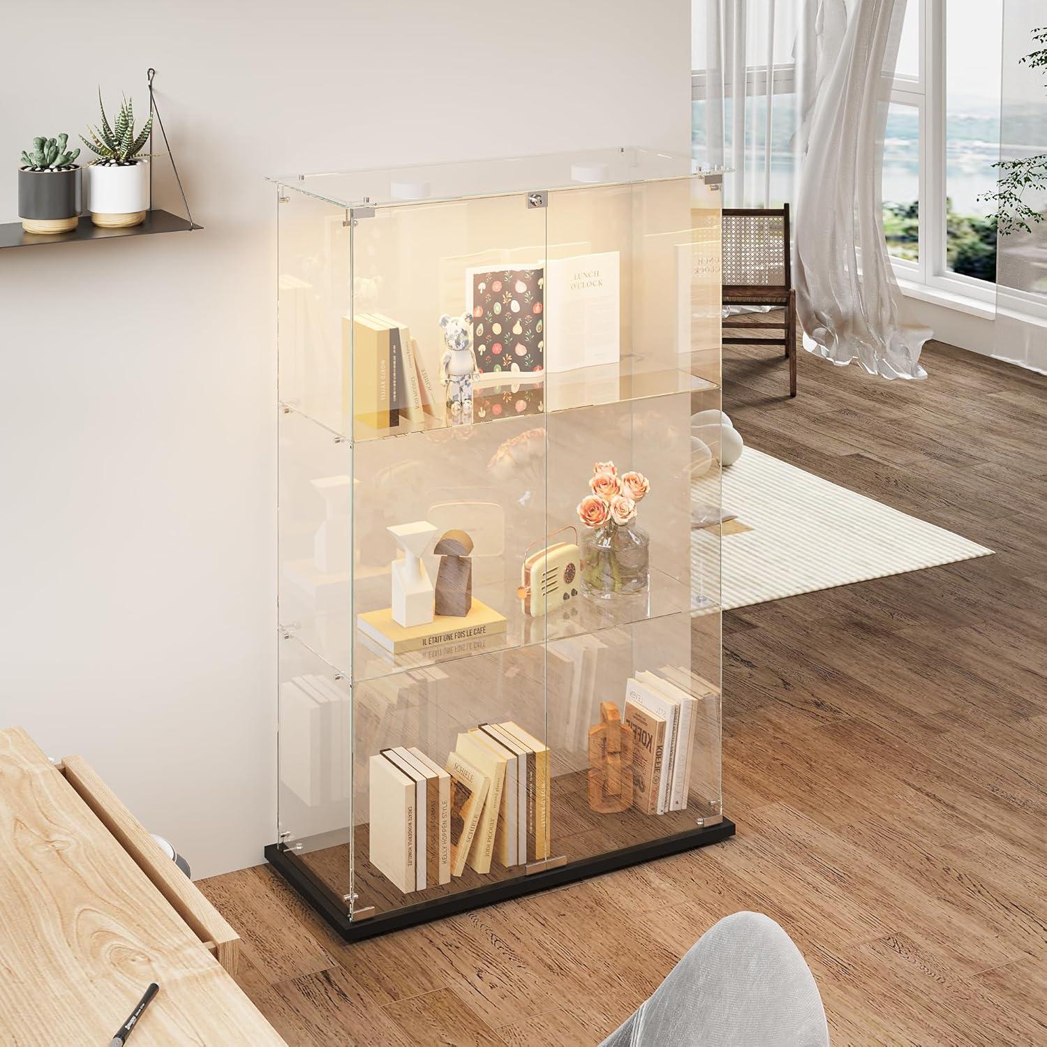 Vitrine für Sammlungen, groß, Glasvitrine mit Licht, 123,3 x 35 x 78,5 cm, Vitrine mit Rollen und LED, 2 Türen, 3 Einlegeböden, transparent (2 Türen, 3 Etagen, Schwarz + Rad)