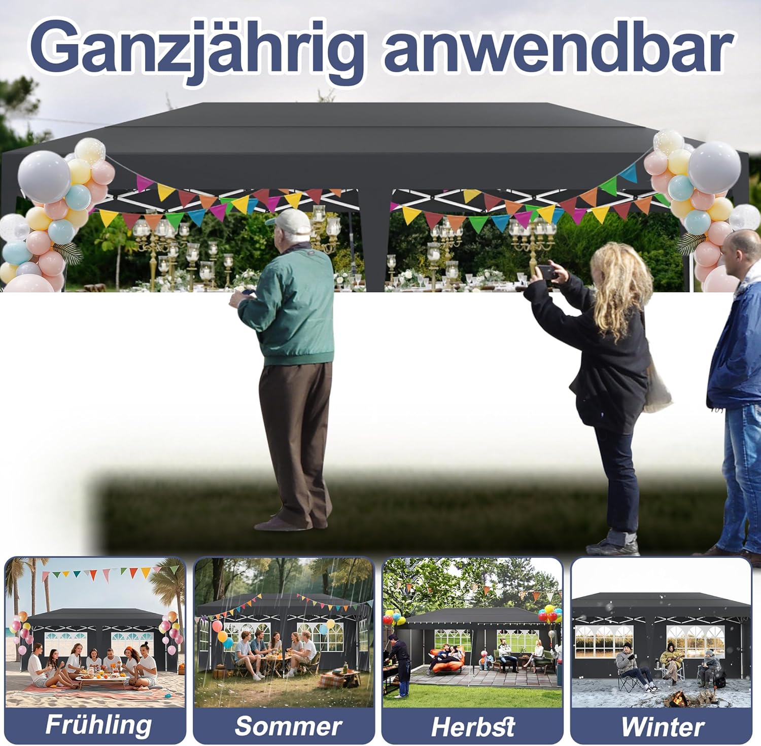 Pavillon Höhenverstellbar 3x6m Pop-Up Faltpavillon Wasserdicht Partyzelt Gartenzelt mit Tragetasche Stabil Festzelt Gartenpavillon Für den Außeneinsatz Geeignet - mit Seitenwände - Anthrazit