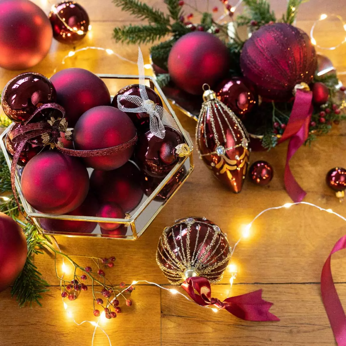 Lot de 6 boules de Noël en verre (D80 mm) Arctique brillantes Bordeaux