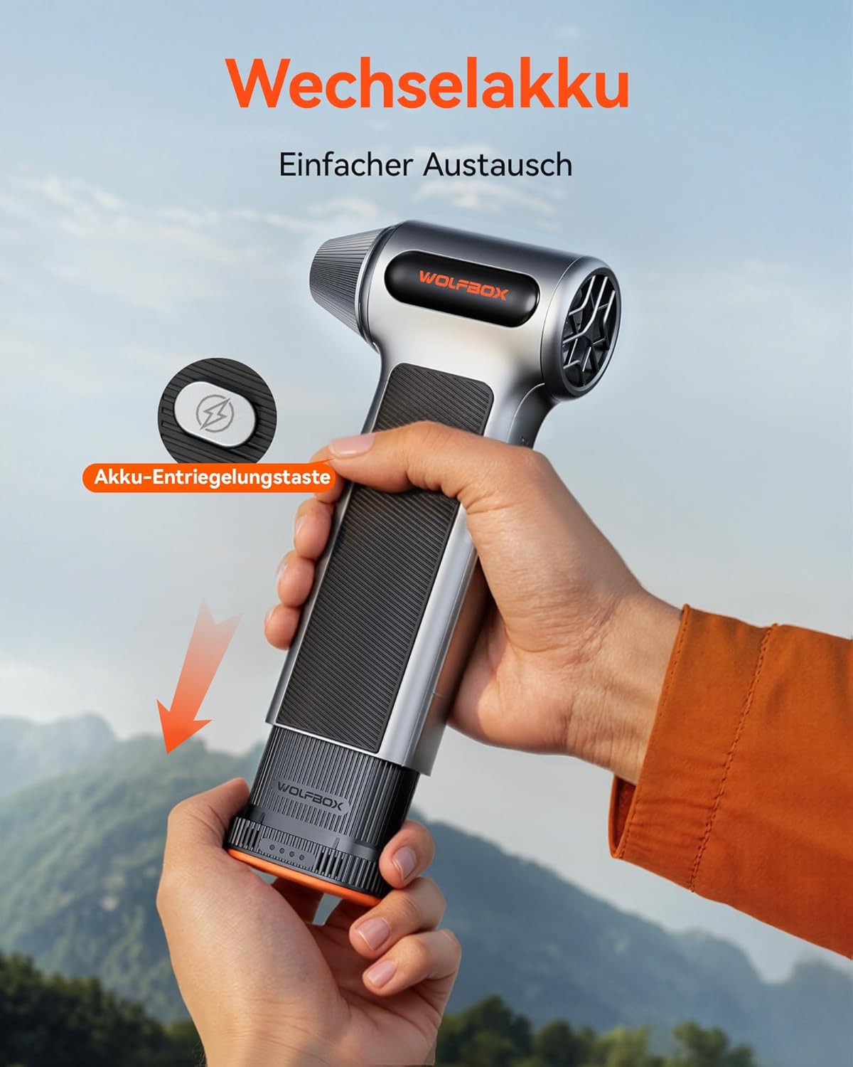WOLFBOX MF200 Elektrisches Staubgebläse mit Akku, 3-stufiges Hochleistungs-Gebläse, langlebiger Air Duster mit 4 Düsen für PC, Auto, Haus und Outdoor