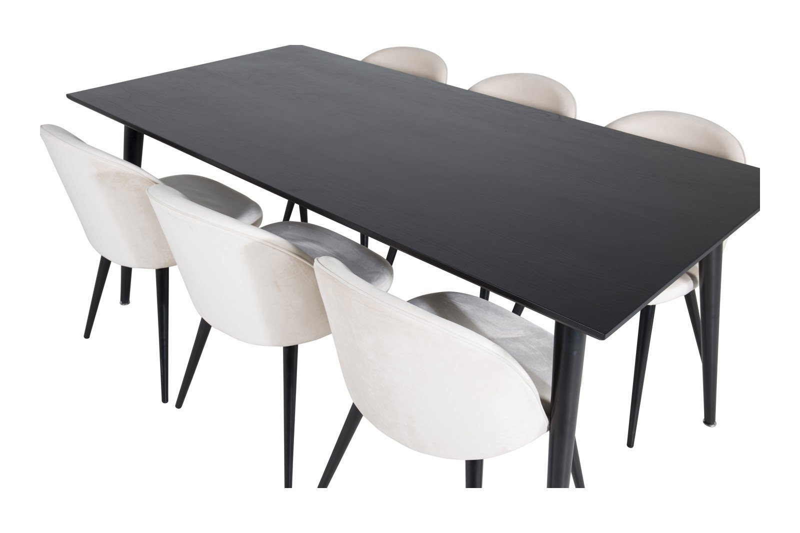 Dipp og Velvet Spisegruppe Dipp spisebord i sort finér med 6 stk. Velvet spisestoler i Beige fløyel og sorte ben.