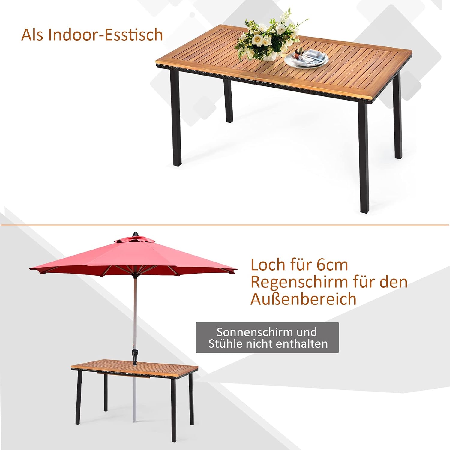 COSTWAY Gartentisch mit Schirmloch, 140x75x76cm, Esstisch für 6-8 Personen, Terrassentisch mit Tischplatte aus Akazienholz, rechteckiger Holztisch mit Metallrahmen