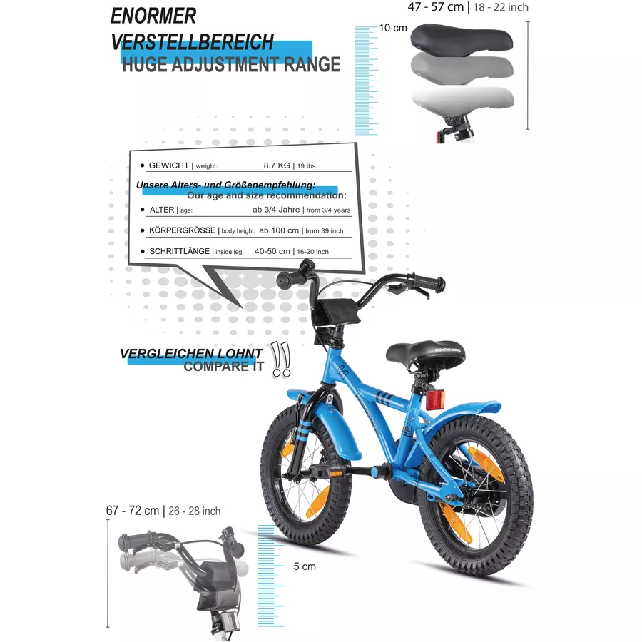 PROMETHEUS BICYCLES® HAWK Kinderfahrrad 14 , Blau-Schwarz mit Stützrädern