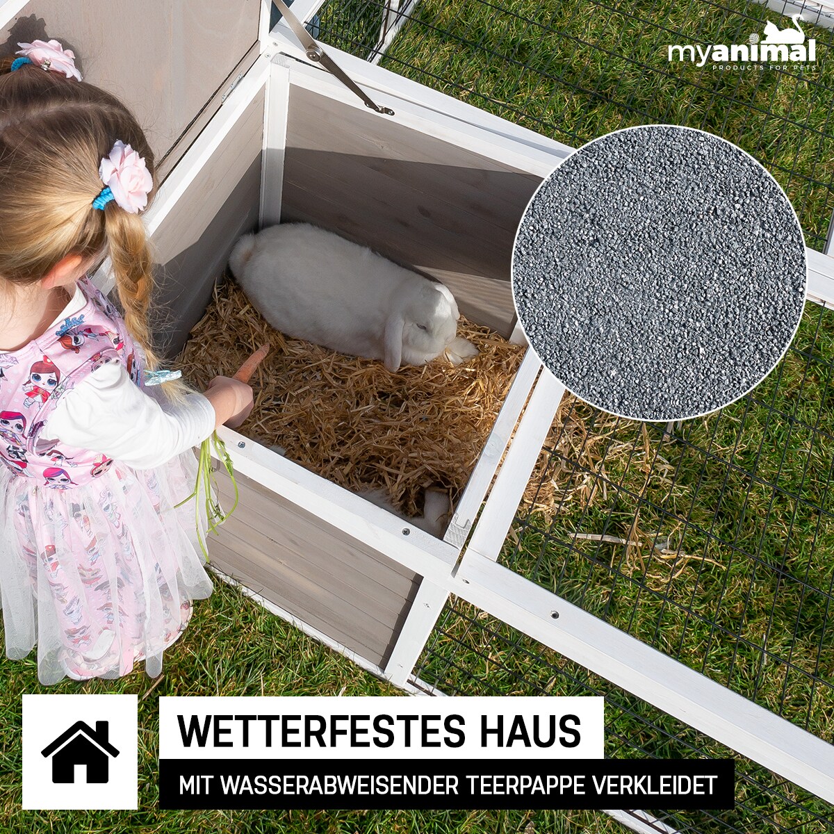 MyAnimal Hasenstall MH-08 Freilaufgehege, Kaninchenstall mit Haus, 3 Außentüren, verzinkter Draht