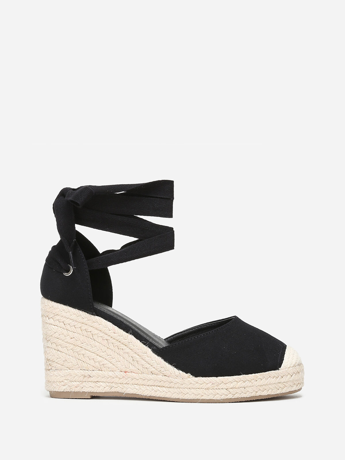 Espadrilles compensées avec ruban à nouer- Noir