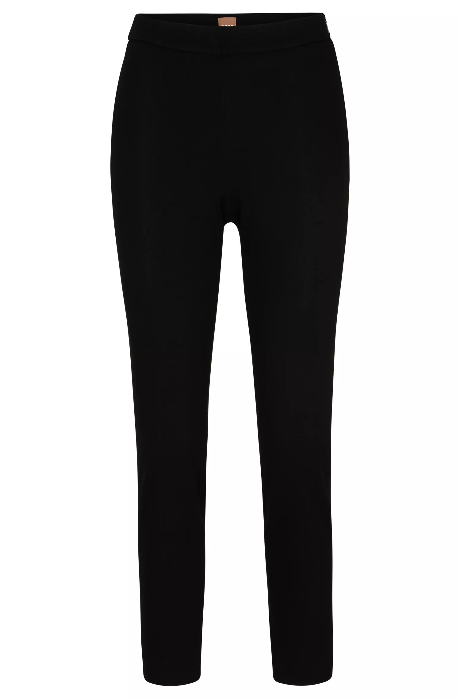 Calça BOSS preta, corte regular, em tecido elástico com pernas afuniladas.