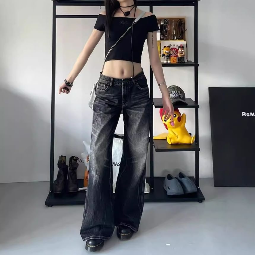 Jerolenea - Mid Waist Washed Wide Leg Jeans