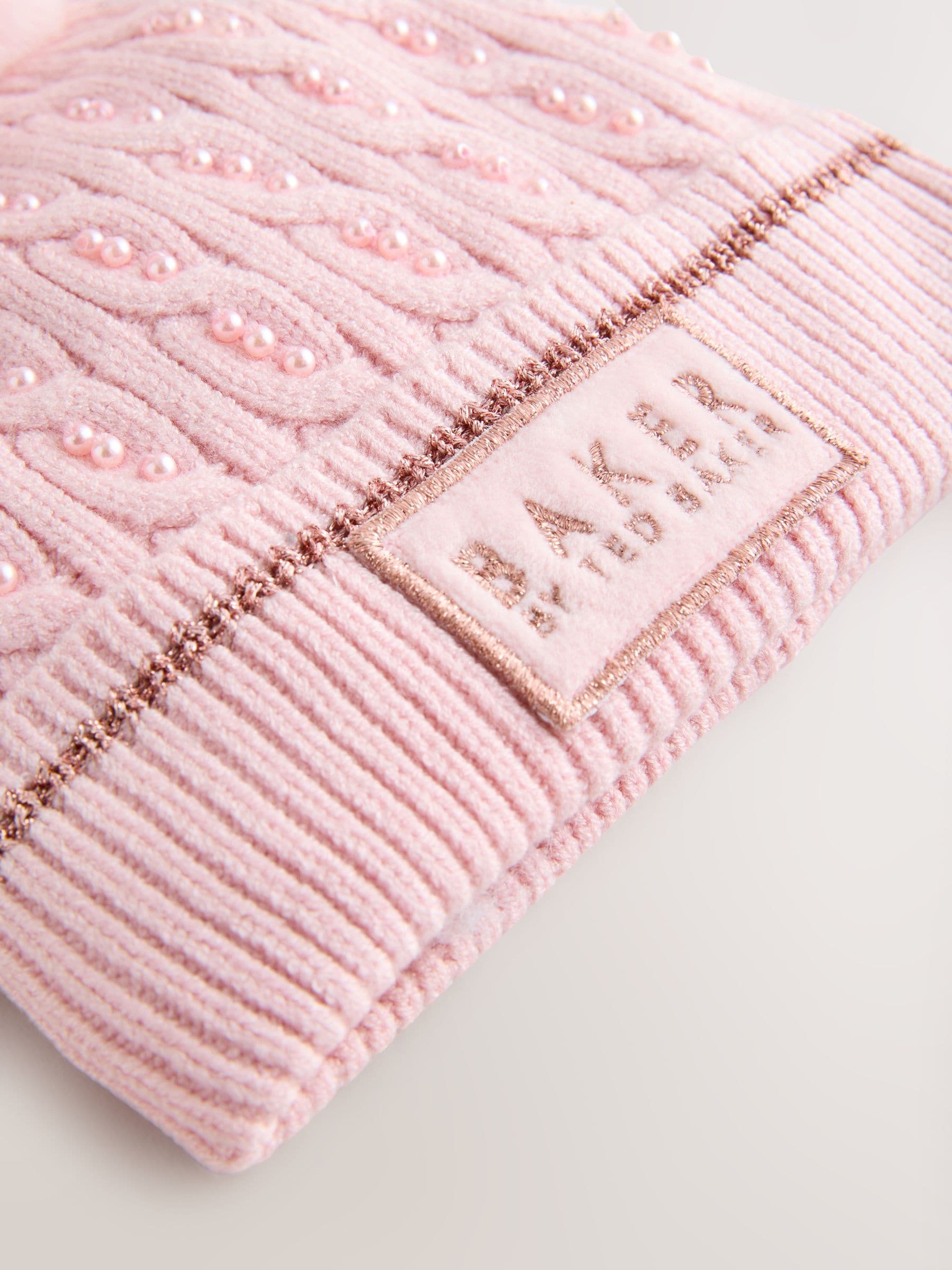 Baker by Ted Baker - Set van roze gebreide muts met pompon en handschoenen voor meisjes