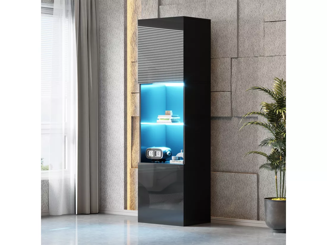 Vitrine avec 2 portes et 1 étagère en verre - 45 x 35 x 160 cm - LEDs - Panneaux de particules - Noire brillant