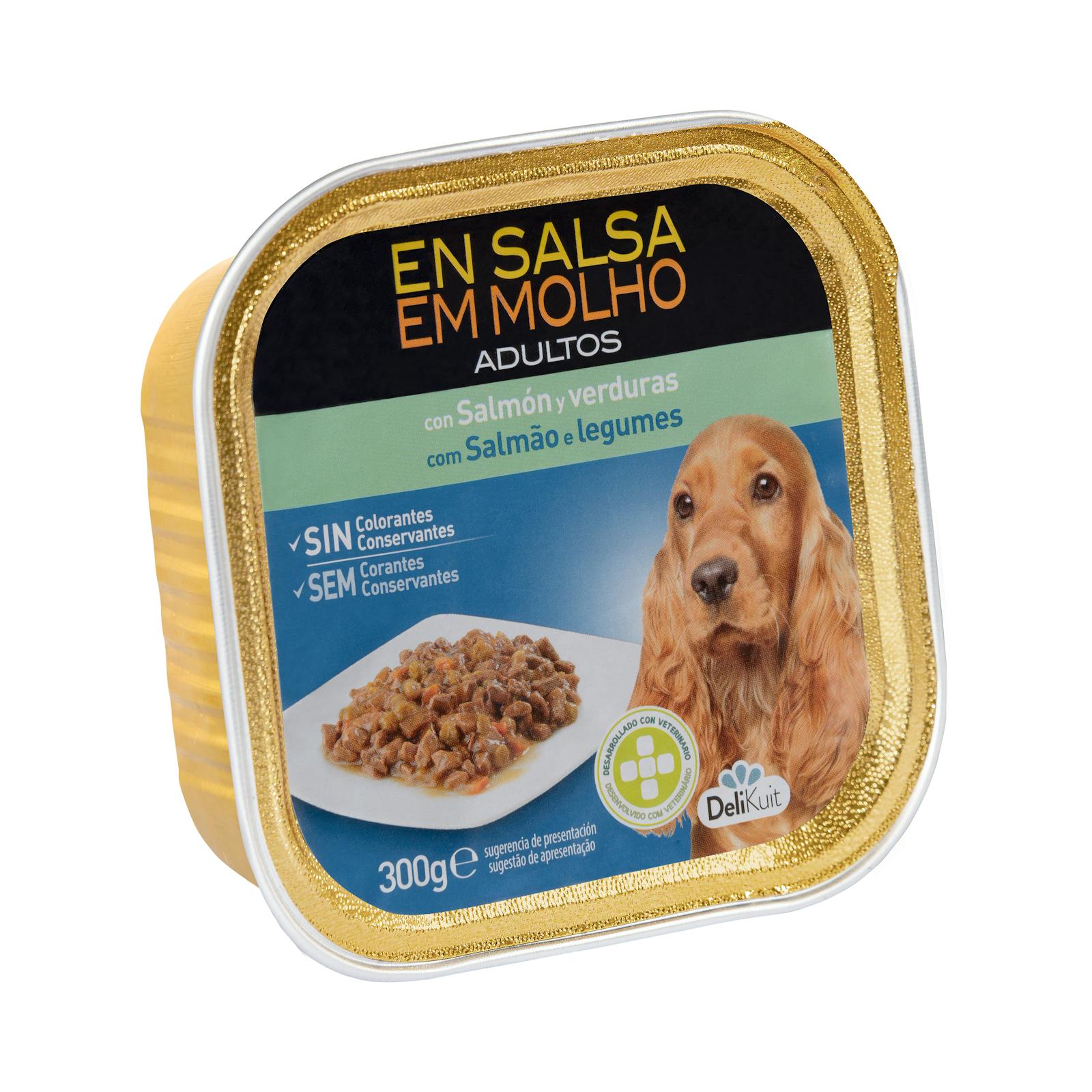 Morceaux de poulet pour chien adulte Delikuit en sauce au saumon et légumes