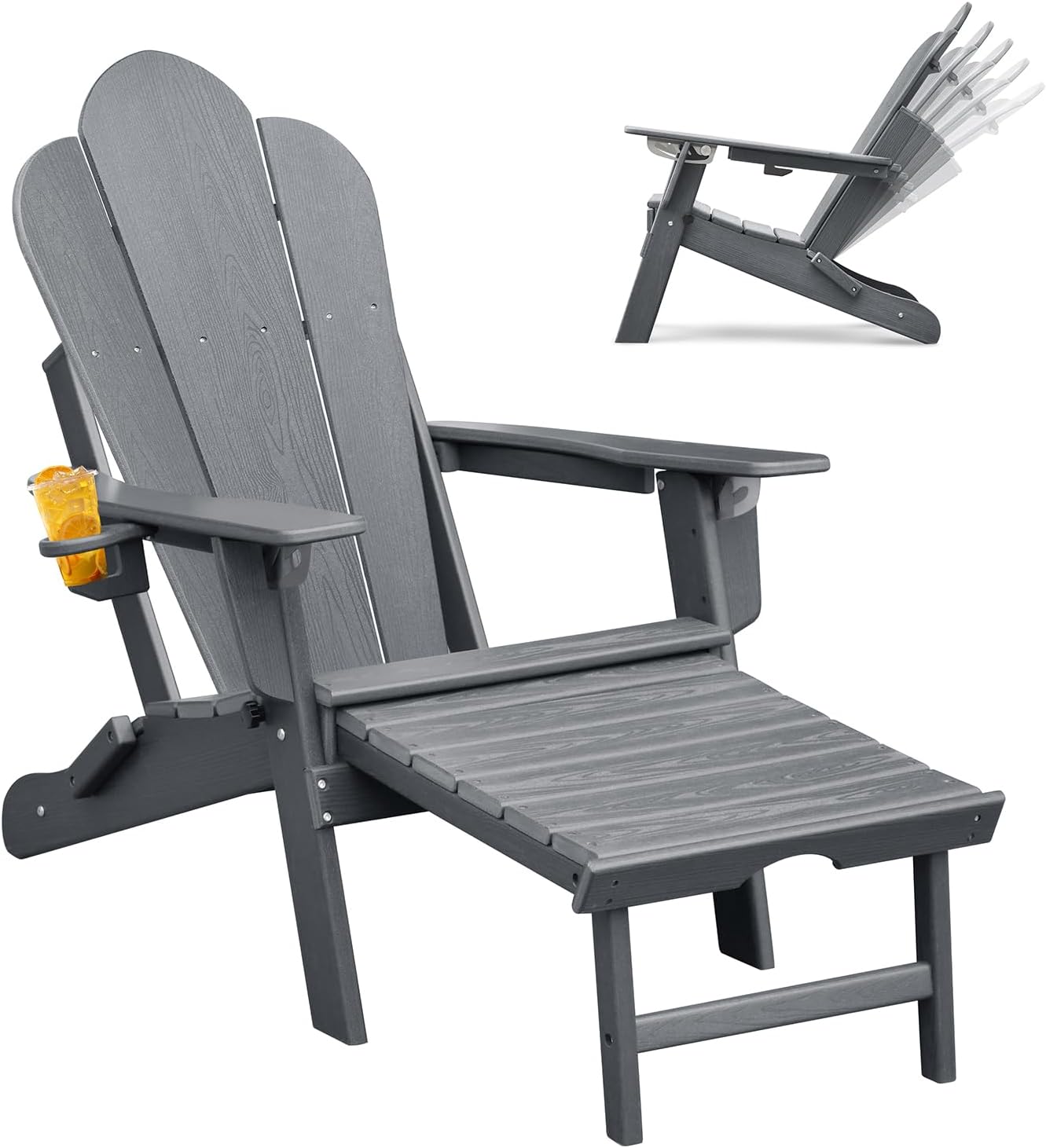 ART TO REAL ATR Klappbarer Verstellbarer Adirondack Stuhl mit ausziehbarem Ottoman,Gartenstuhl mit ausziehbarer Fußruhe,HDPE Liege Outdoor Adirondack Chair mit Tassenhalter, Patio Liegestuhl
