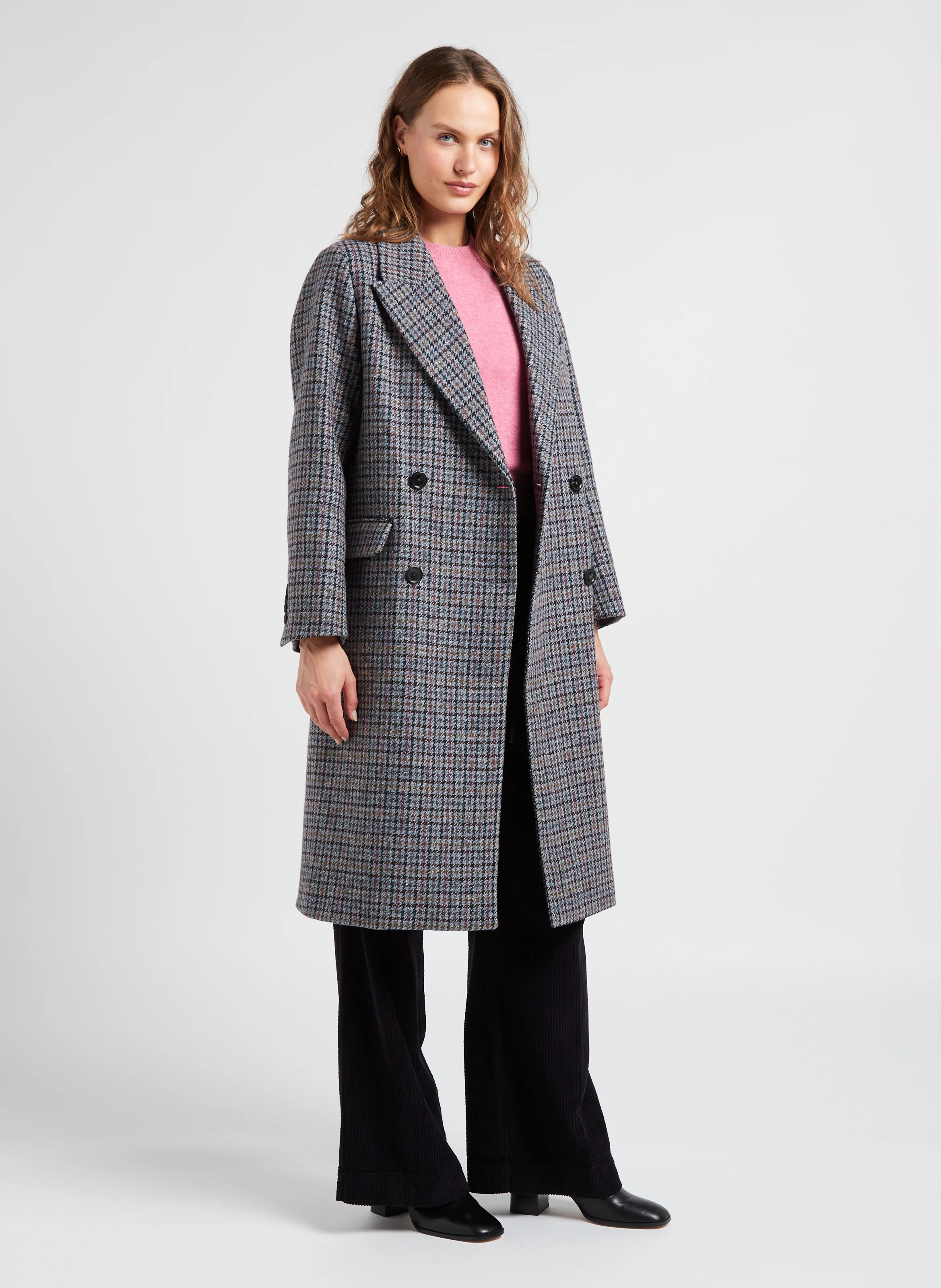 RODEZ - Manteau long col tailleur à carreaux en laine mélangée | Bleu