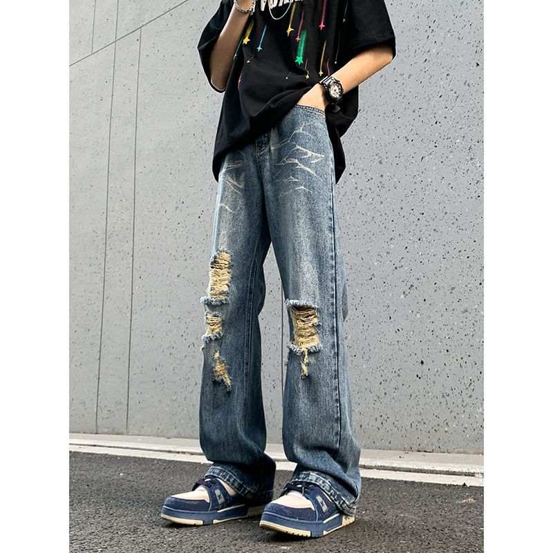 emeisa - Mid Rise Distressed Washed Bootcut Jeans