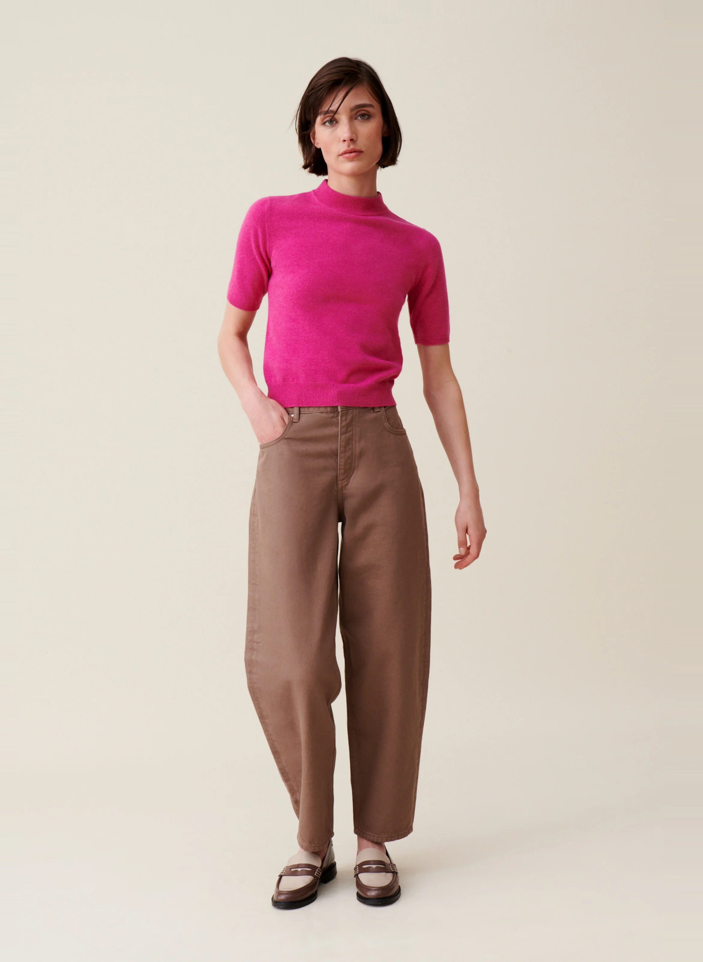 Pull manches courtes en laine | Rose