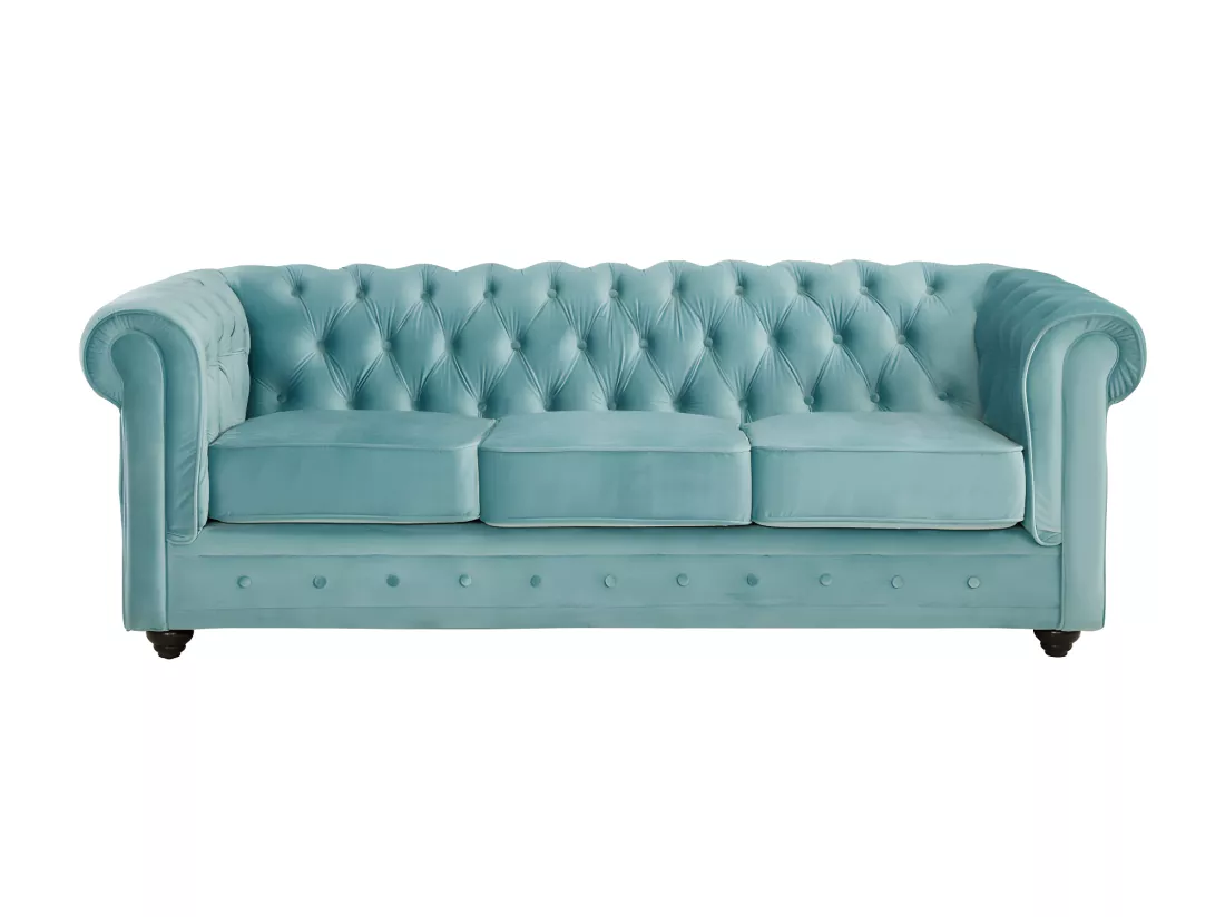 Canapé 3 places et 2 fauteuils CHESTERFIELD - Velours bleu pastel