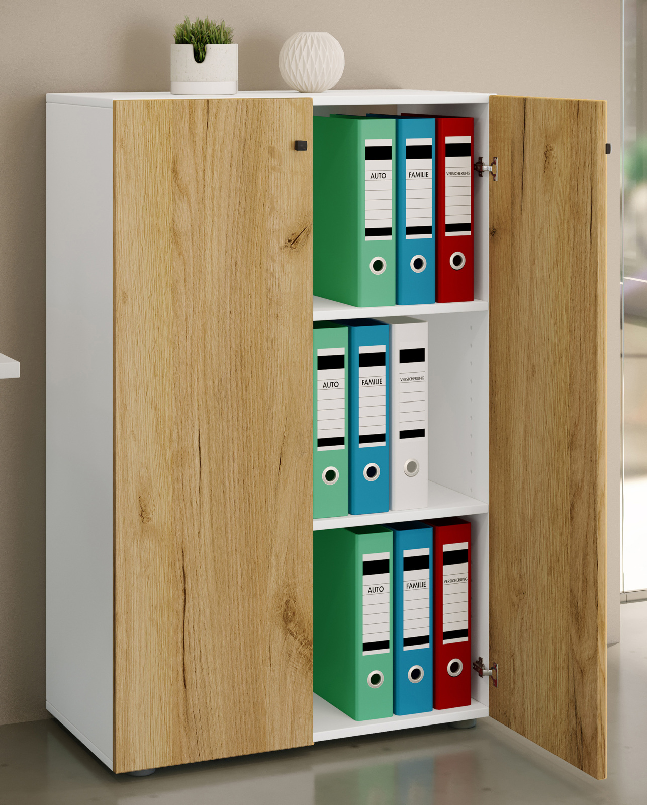 Büroschrank LONA XL - Honig Eiche - weiß - mit Drehtüren - 110 cm hoch