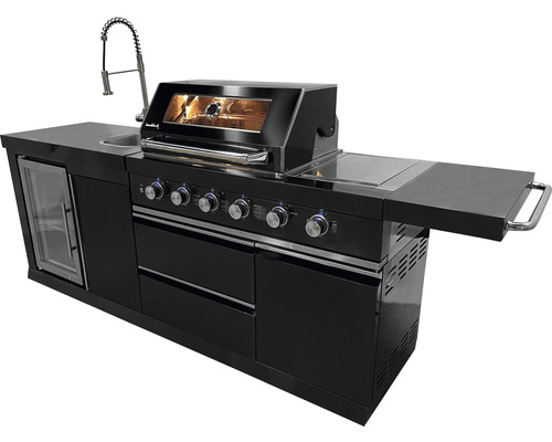 Buschbeck Cambridge 4-pits gasbarbecue/buitenkeuken met zijbrander en achterbrander, zwart, inclusief opbergplank, dekselthermometer, vetopvangbak, zijplank, bedieningsknoppen met ledverlichting en grillrooster van gietijzer.
