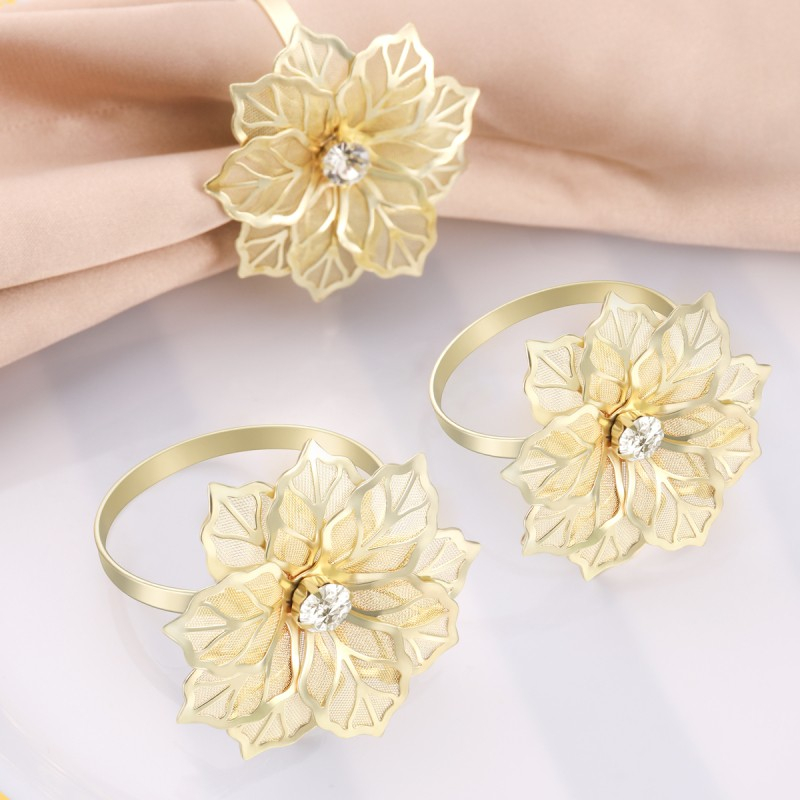 (12er Set) Ø4cm Metall Serviettenring Tischdeko Strass Blumen Tuchhalterung - Gold