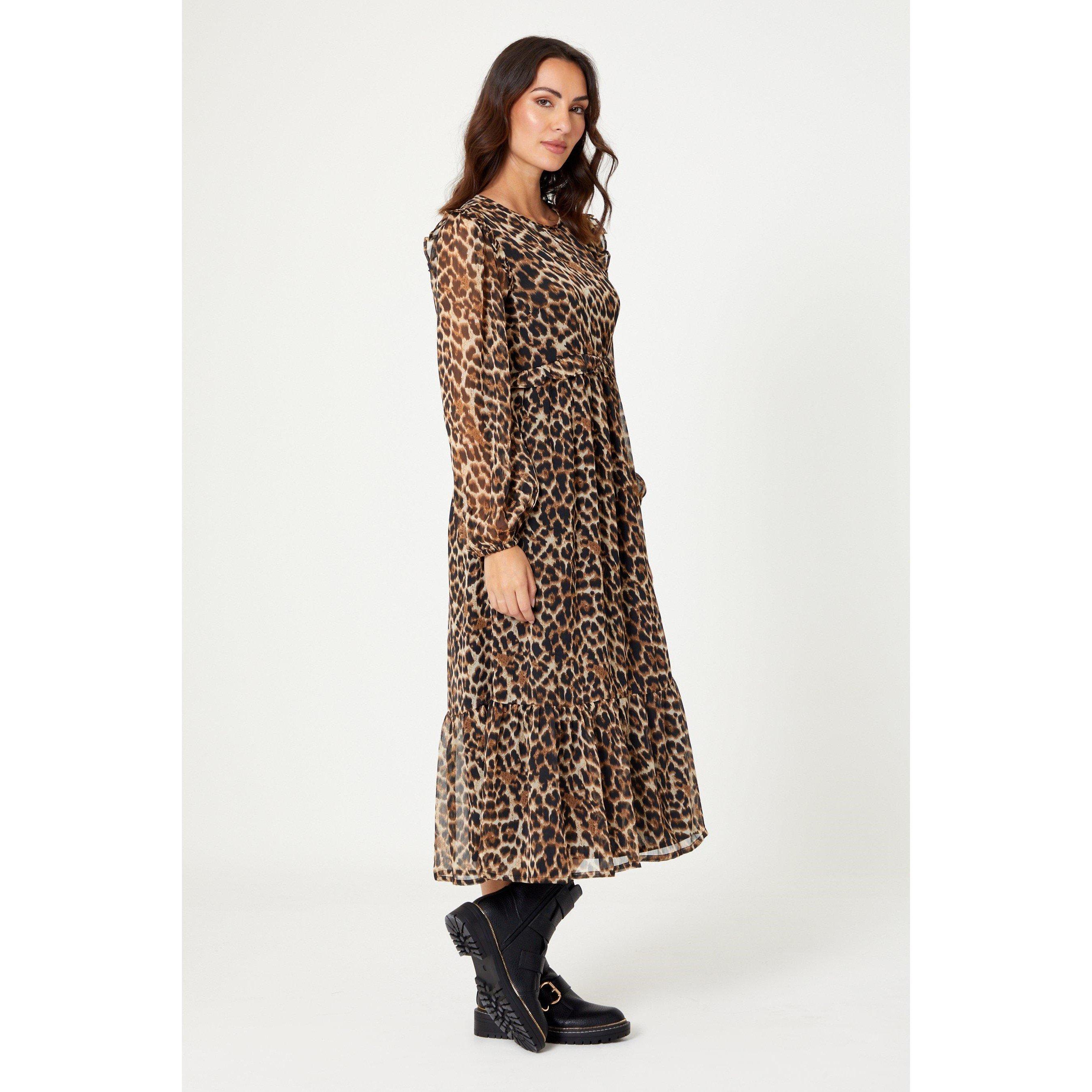Be You Ladies Frill Animal Print Chiffon Midi Dress