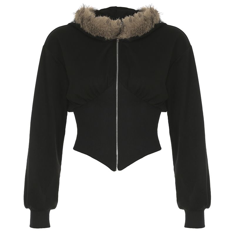 Sosana - Lange mouwen effen, harige, slim-fit cropped jas met capuchon