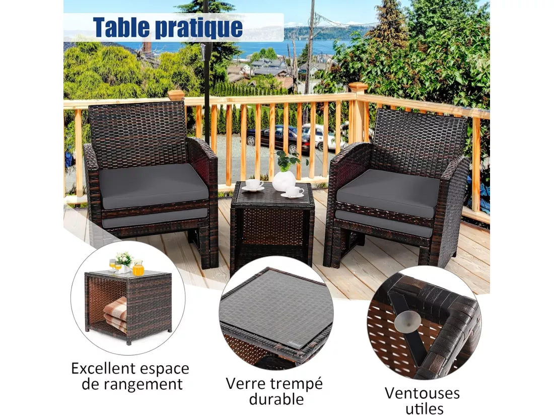 Ensemble Meuble de Salon 5PCS avec Coussins, Salon de Jardin en Rotin et fibre naturelle PE pour Véranda, Patio, Balcon, Piscine, Terrasse, Marron