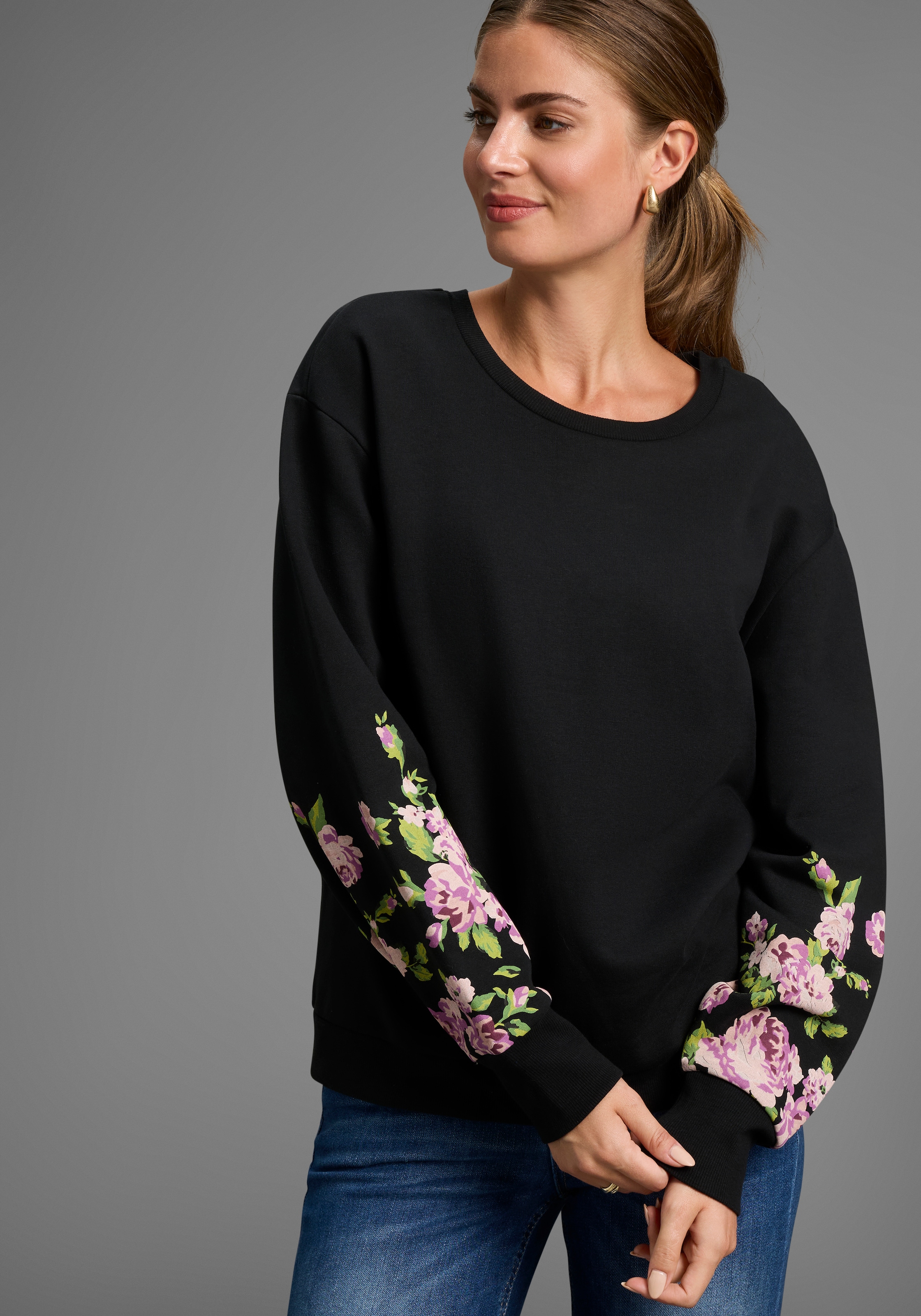 Laura Scott Sweater , Weiche Baumwollmischung mit Blumenprint auf den Ärmeln