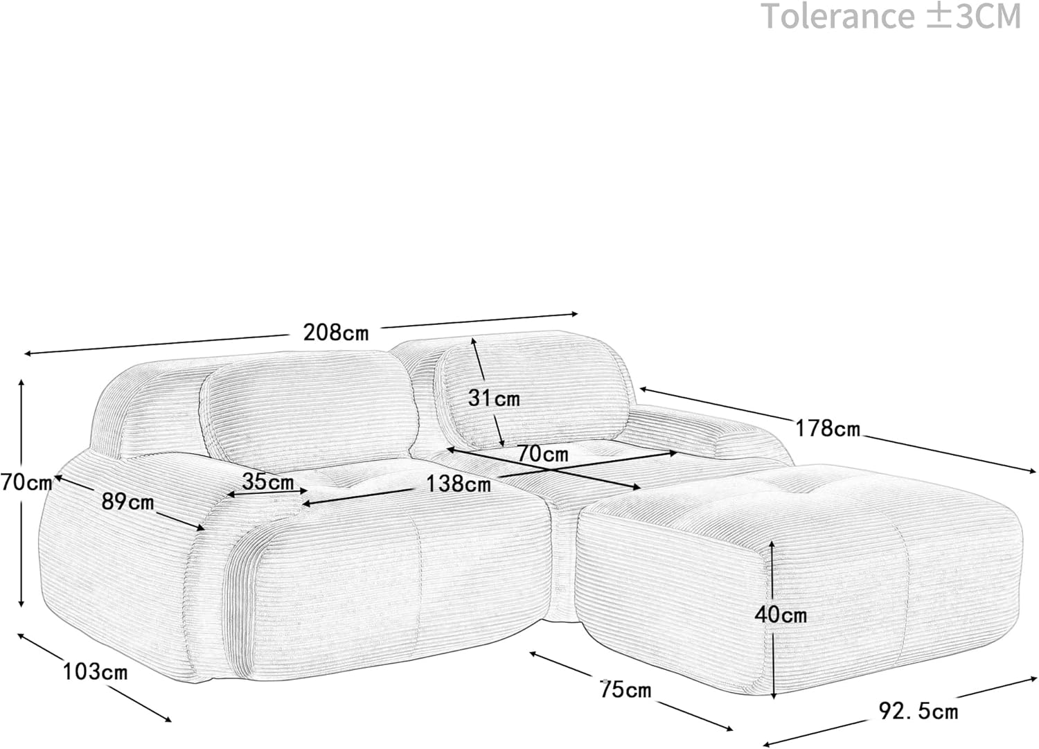 2-3 Sitzer Sofa, Couch Sofa Cord Stoff für Wohnzimmer,Wohnung,Büro,Einfache Montage (Beige, B-(2 Sitzer +1 Hocker)