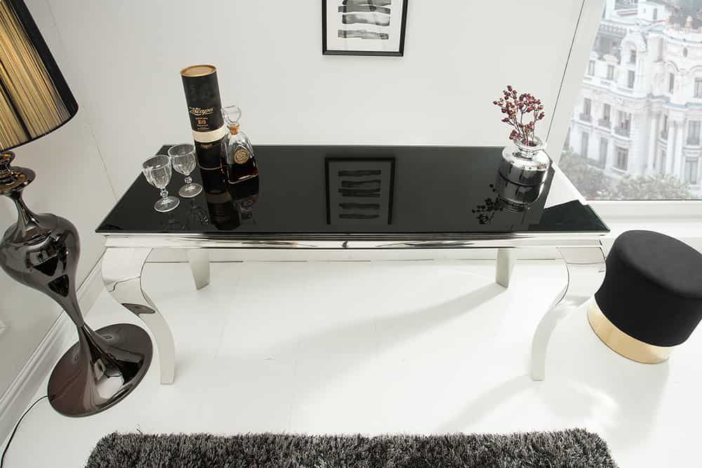 Eleganter Konsolentisch MODERN BAROCK 145cm schwarz Opalglas Edelstahlbeine