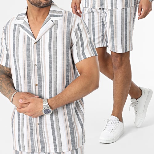 Ensemble Chemise Manches Courtes Et Short Chino Rayures Blanc Beige Bleu