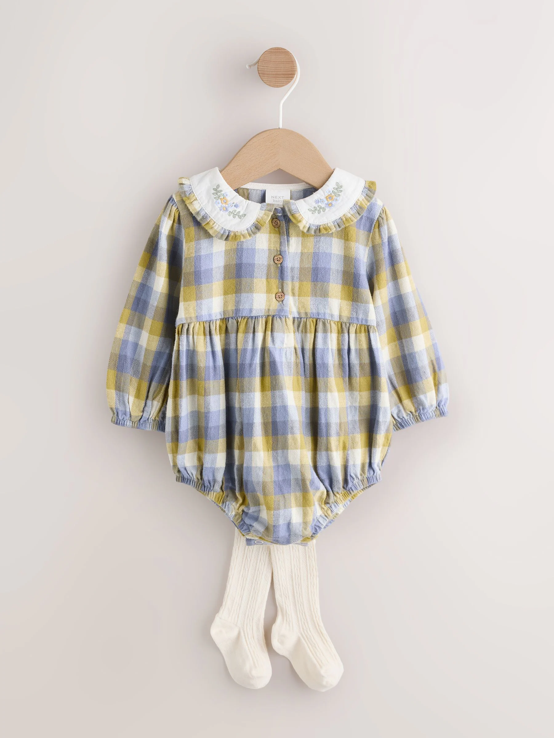Groen/geel gingham - Babyrompers met bloemenprint Set 2 -delig met maillot (0mnd -3jr)