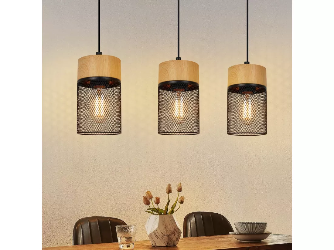 NETTLIFE Lampe à suspendre Vintage Bois veiné Table à manger Noir Industriel E27 25W Suspension