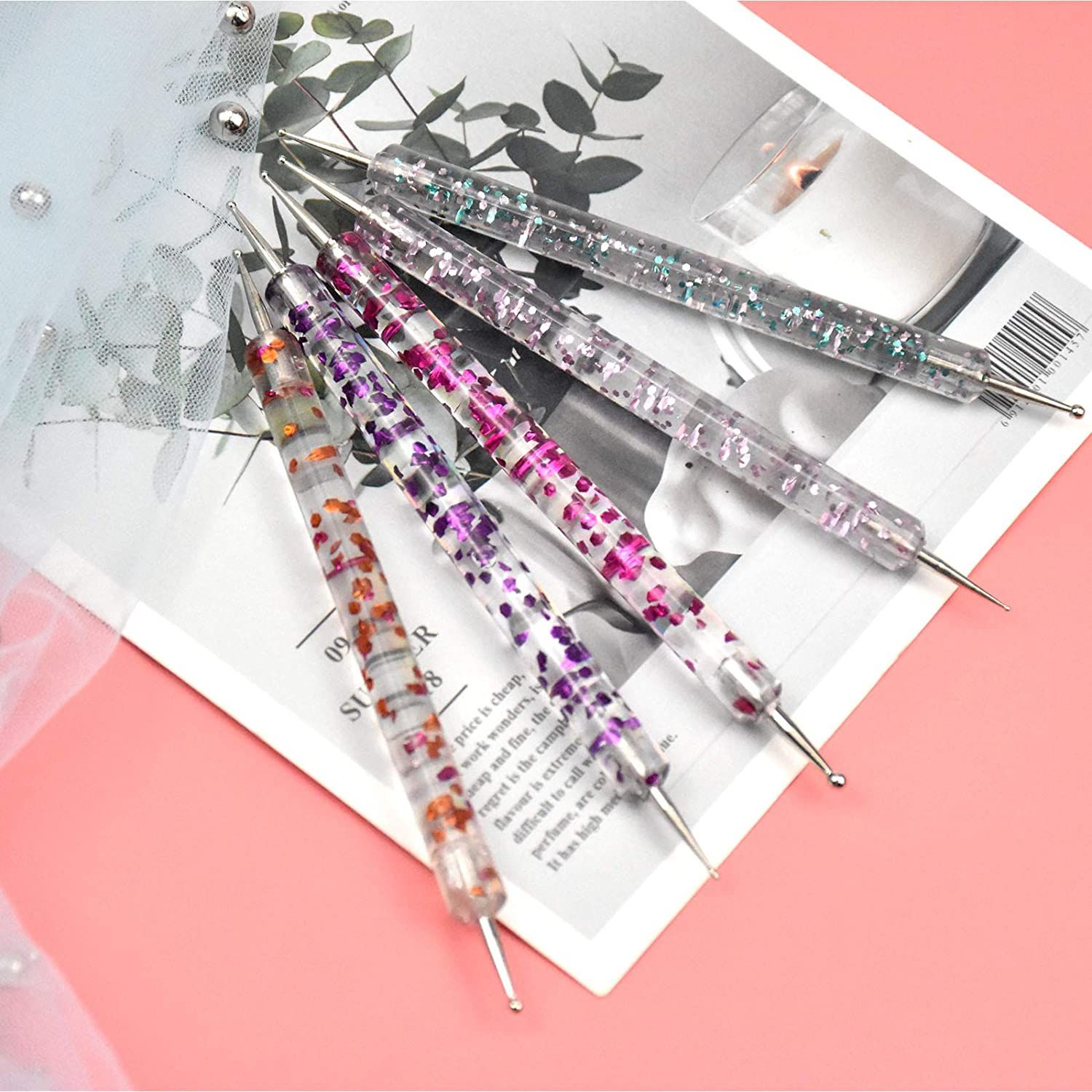 (5-tlg. Set) Dotting Pen Nail Art Nageldesign Dekorier Stift für UV Farbgel - Glitzer
