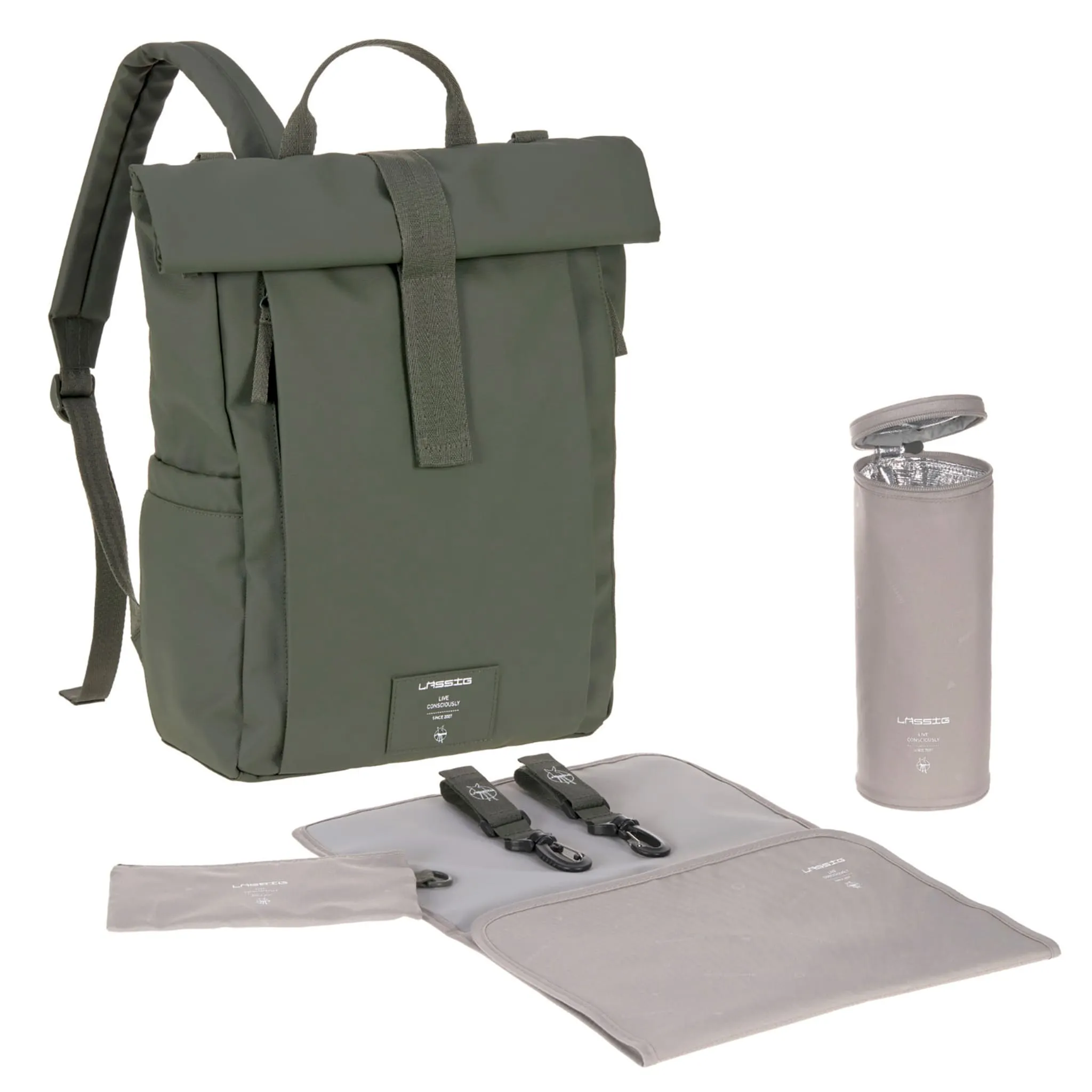 Lassig Sac à Couches à Dos Rolltop - Olive