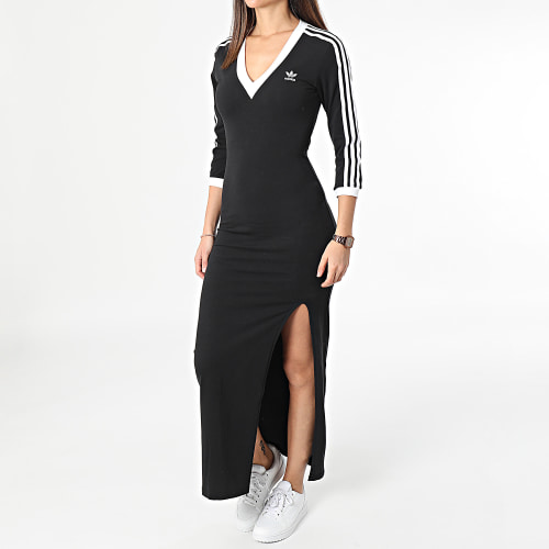 Robe Col V A Bandes Femme IK0439 Noir